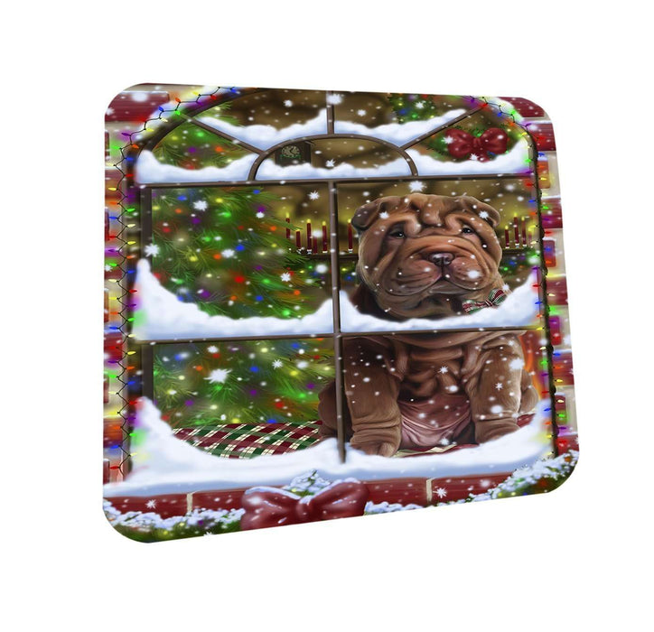 Please Come Home For Christmas Shar Pei Dog Sitting In Window Coasters Set of 4 CST48386