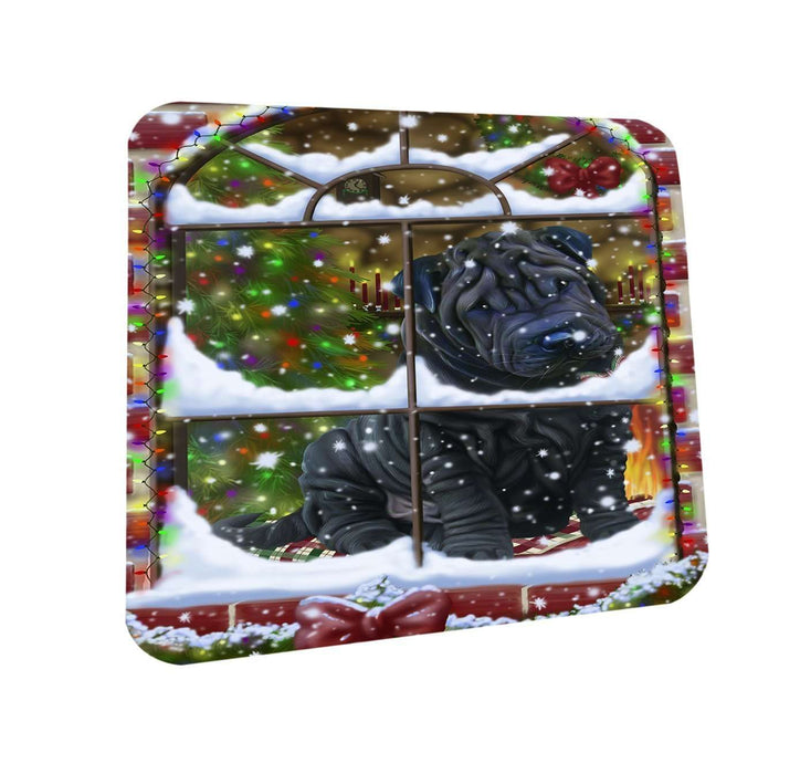 Please Come Home For Christmas Shar Pei Dog Sitting In Window Coasters Set of 4 CST48387