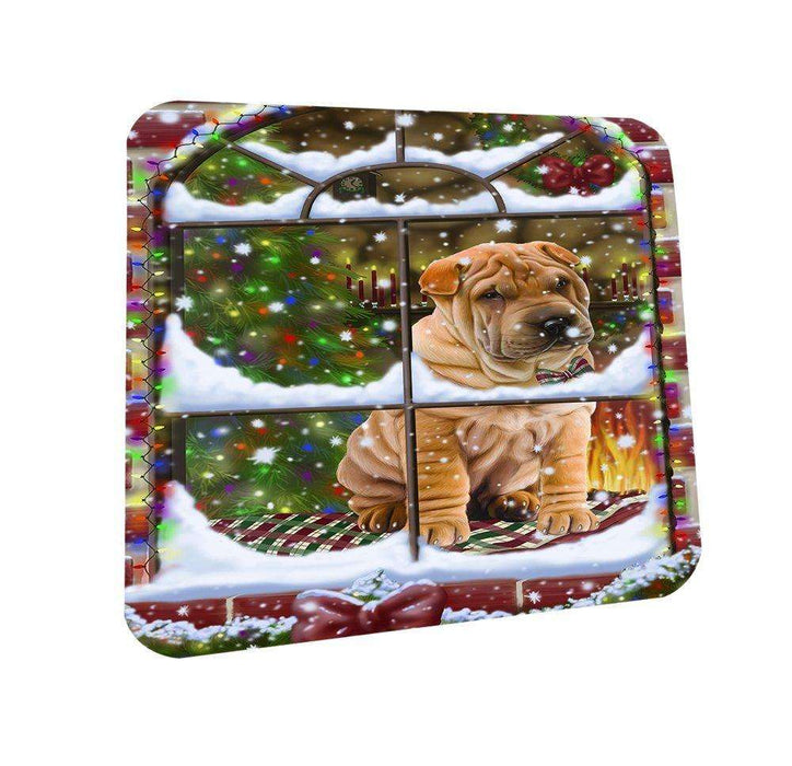 Please Come Home For Christmas Shar Pei Dog Sitting In Window Coasters Set of 4