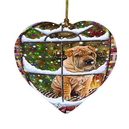 Please Come Home For Christmas Shar Pei Dog Sitting In Window Heart Ornament D374