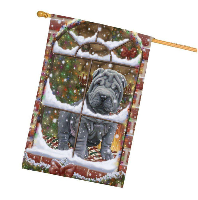 Please Come Home For Christmas Shar Pei Dog Sitting In Window House Flag FLG48439