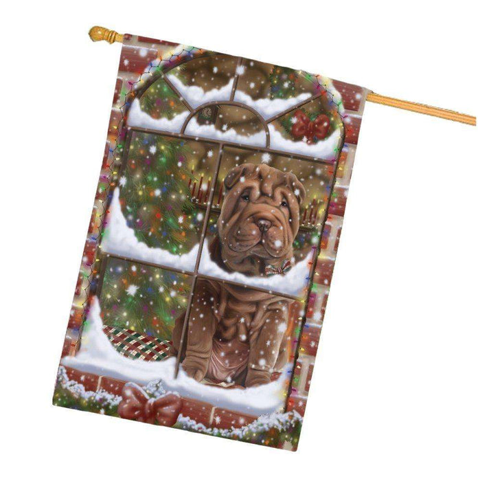 Please Come Home For Christmas Shar Pei Dog Sitting In Window House Flag FLG48440