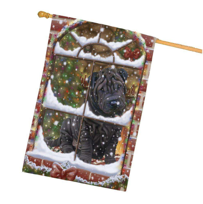 Please Come Home For Christmas Shar Pei Dog Sitting In Window House Flag FLG48441