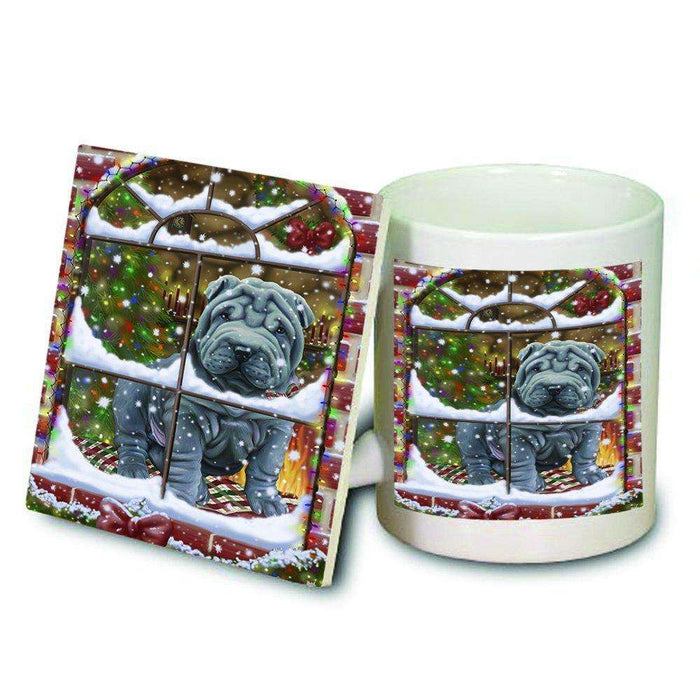 Please Come Home For Christmas Shar Pei Dog Sitting In Window Mug and Coaster Set MUC48418