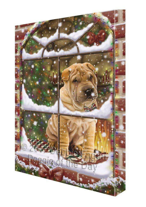 Please Come Home For Christmas Shar Pei Dog Sitting In Window Painting Printed on Canvas Wall Art
