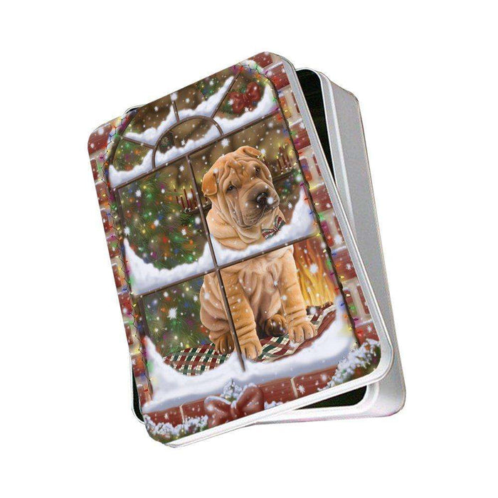 Please Come Home For Christmas Shar Pei Dog Sitting In Window Photo Storage Tin