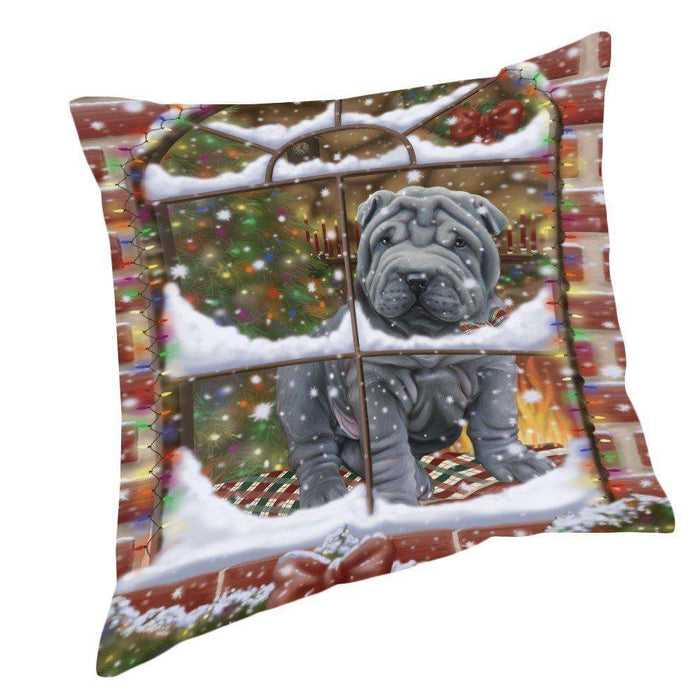 Please Come Home For Christmas Shar Pei Dog Sitting In Window Pillow PIL49756 (14x14)