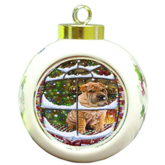 Please Come Home For Christmas Shar Pei Dog Sitting In Window Round Ball Ornament D402