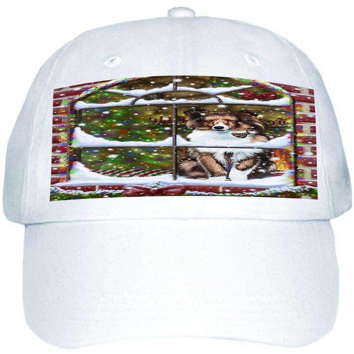 Please Come Home For Christmas Shetland Dog Sitting In Window Ball Hat Cap HAT49020