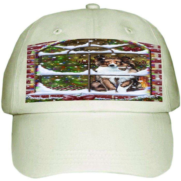 Please Come Home For Christmas Shetland Dog Sitting In Window Ball Hat Cap HAT49020