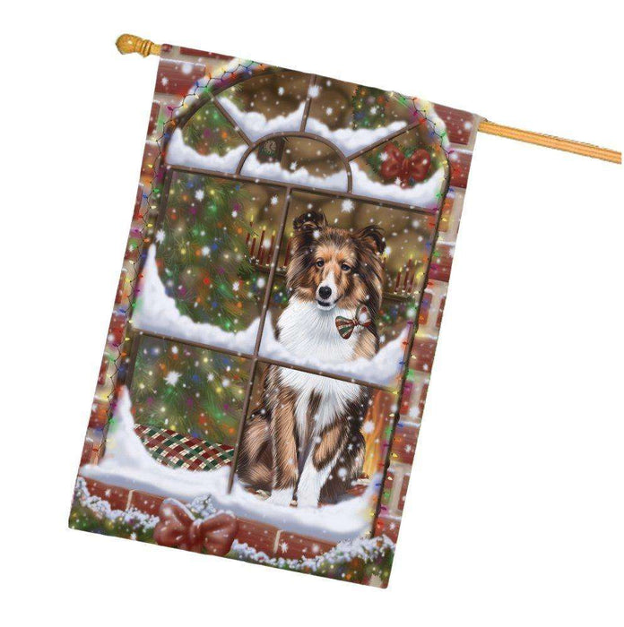 Please Come Home For Christmas Shetland Dog Sitting In Window House Flag FLG48442