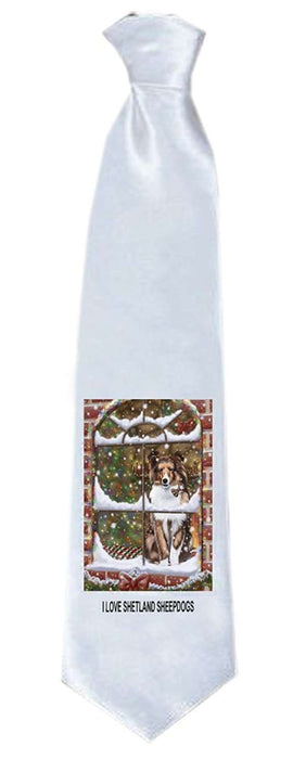 Please Come Home For Christmas Shetland Dog Sitting In Window Neck Tie TIE48254