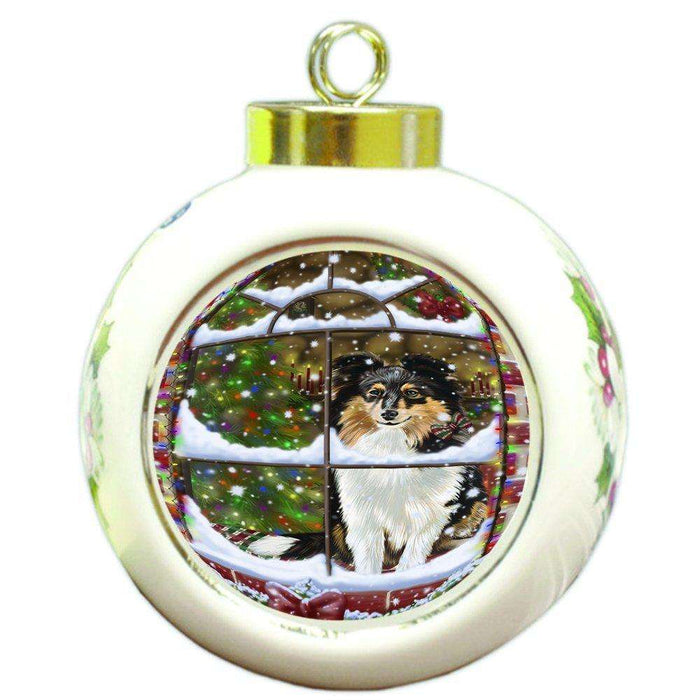 Please Come Home For Christmas Shetland Dog Sitting In Window Round Ball Ornament D403