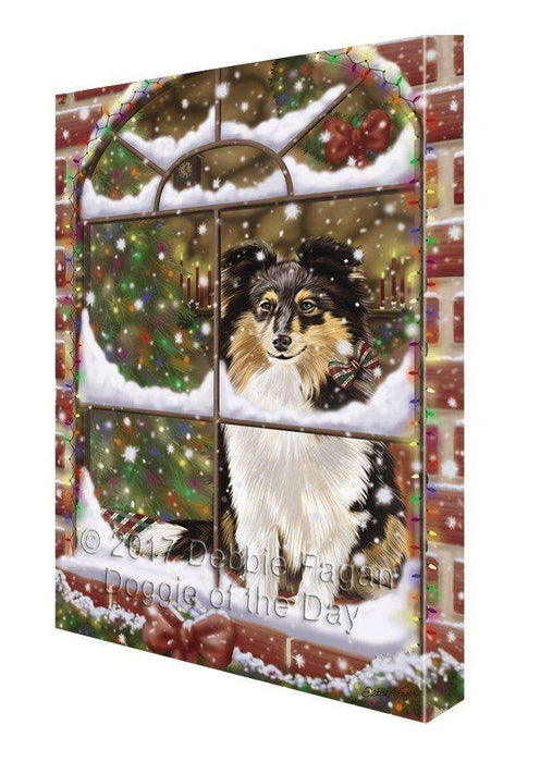 Please Come Home For Christmas Shetland Sheepdog Dog Sitting In Window Painting Printed on Canvas Wall Art