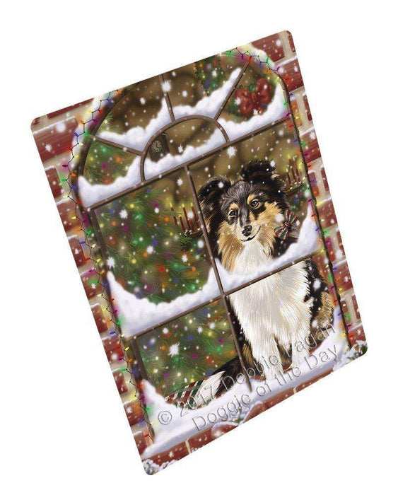 Please Come Home For Christmas Shetland Sheepdog Dog Sitting In Window Tempered Cutting Board