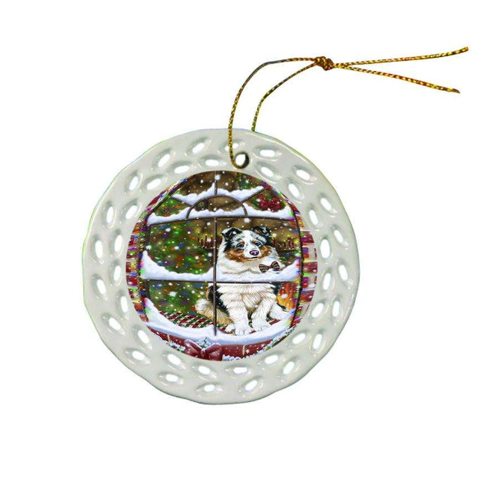 Please Come Home For Christmas Shetland Sheepdog Sitting In Window Ceramic Doily Ornament DPOR53947