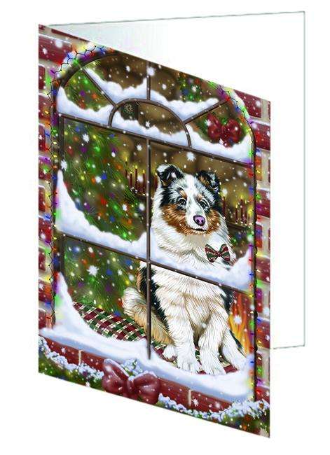 Please Come Home For Christmas Shetland Sheepdog Sitting In Window Handmade Artwork Assorted Pets Greeting Cards and Note Cards with Envelopes for All Occasions and Holiday Seasons GCD65870