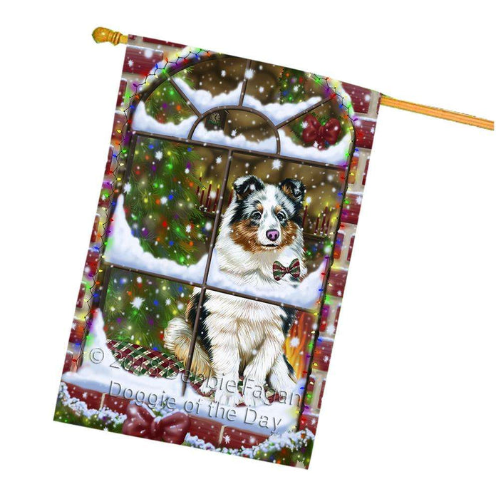 Please Come Home For Christmas Shetland Sheepdog Sitting In Window House Flag FLG54145