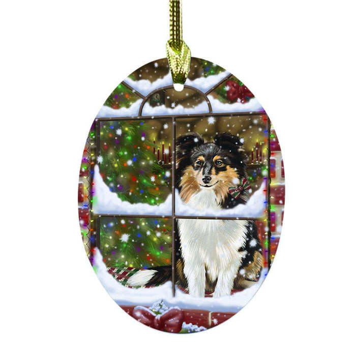 Please Come Home For Christmas Shetland Sheepdog Sitting In Window Oval Glass Christmas Ornament OGOR49207