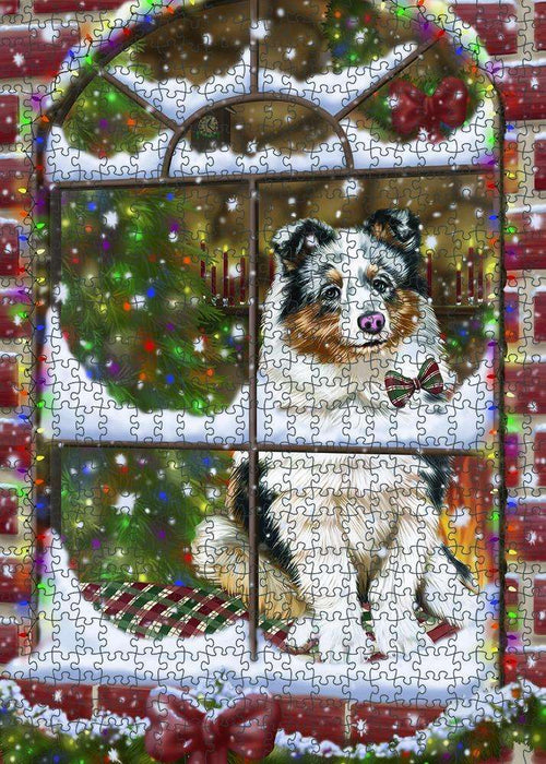 Please Come Home For Christmas Shetland Sheepdog Sitting In Window Puzzle with Photo Tin PUZL82944