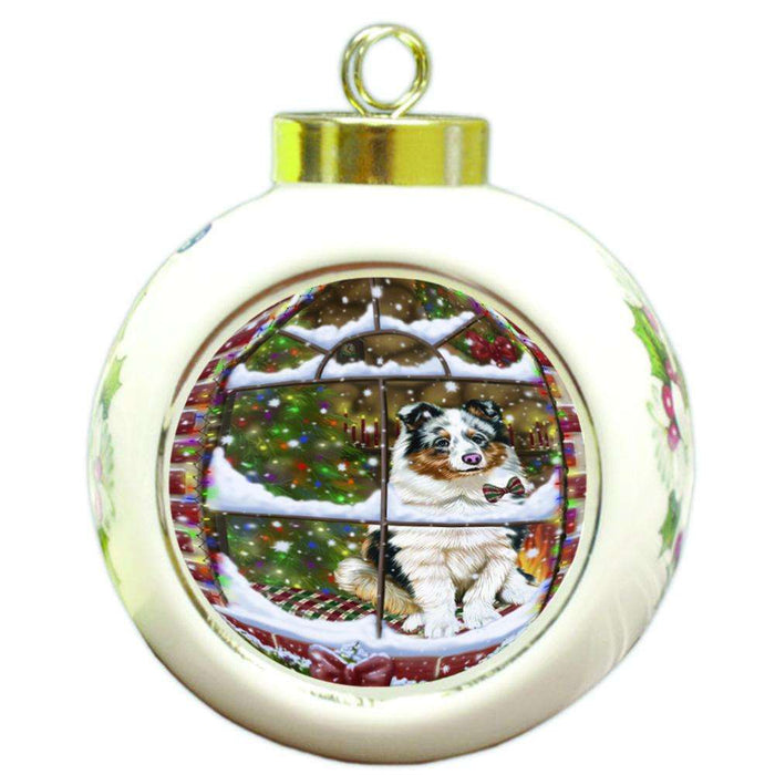 Please Come Home For Christmas Shetland Sheepdog Sitting In Window Round Ball Christmas Ornament RBPOR53947
