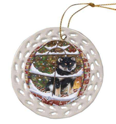 Please Come Home For Christmas Shiba Inu Dog Sitting In Window Ceramic Doily Ornament DPOR48595