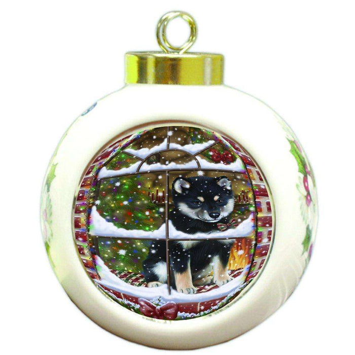 Please Come Home For Christmas Shiba Inu Dog Sitting In Window Round Ball Christmas Ornament RBPOR48430