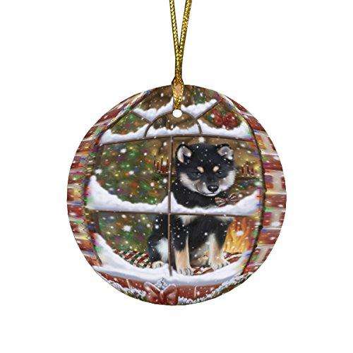 Please Come Home For Christmas Shiba Inu Dog Sitting In Window Round Christmas Ornament RFPOR48421