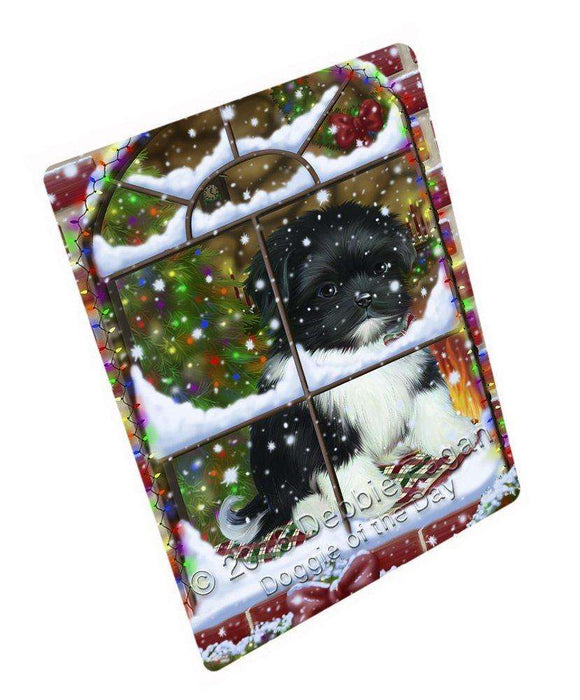 Please Come Home For Christmas Shih Tzu Dog Sitting In Window Art Portrait Print Woven Throw Sherpa Plush Fleece Blanket