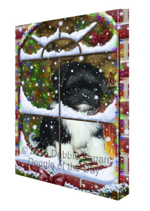 Please Come Home For Christmas Shih Tzu Dog Sitting In Window Canvas Wall Art