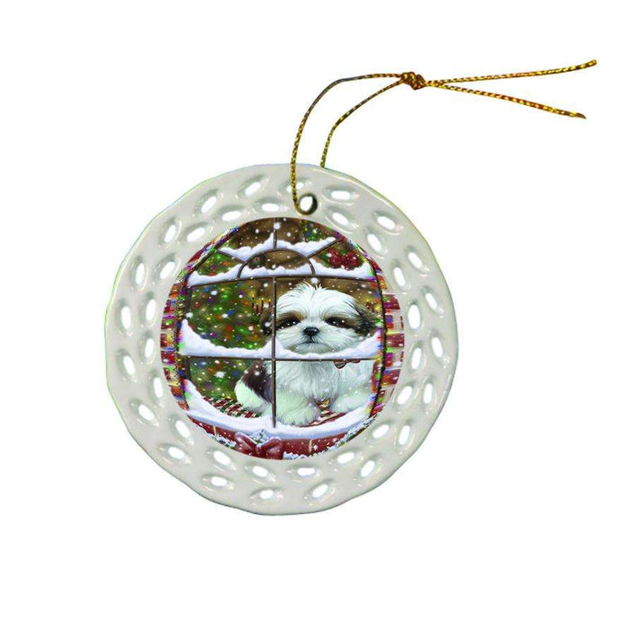 Please Come Home For Christmas Shih Tzu Dog Sitting In Window Ceramic Doily Ornament DPOR53948