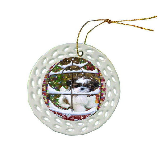 Please Come Home For Christmas Shih Tzu Dog Sitting In Window Ceramic Doily Ornament DPOR53949