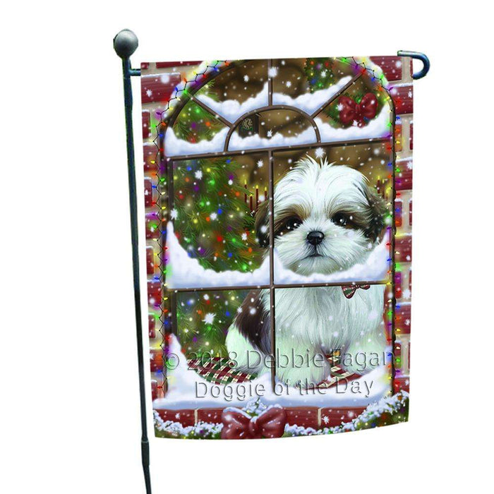 Please Come Home For Christmas Shih Tzu Dog Sitting In Window Garden Flag GFLG54010