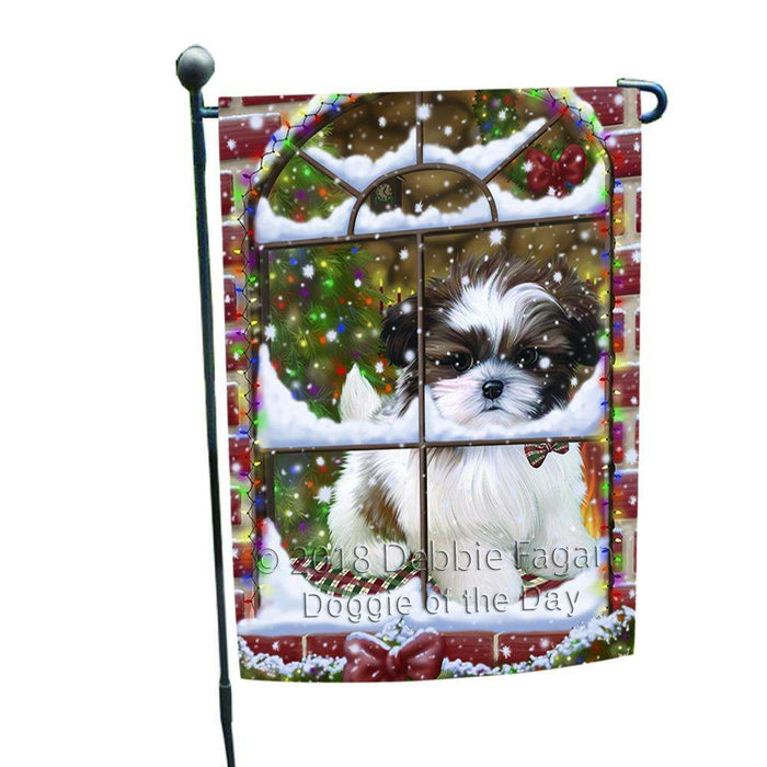 Please Come Home For Christmas Shih Tzu Dog Sitting In Window Garden Flag GFLG54011