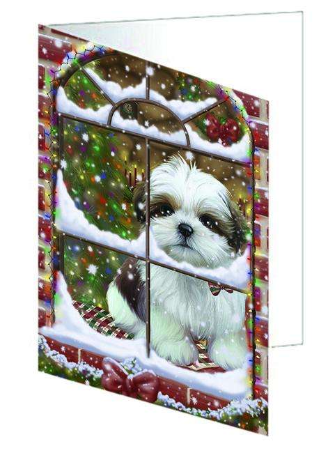 Please Come Home For Christmas Shih Tzu Dog Sitting In Window Handmade Artwork Assorted Pets Greeting Cards and Note Cards with Envelopes for All Occasions and Holiday Seasons GCD65873