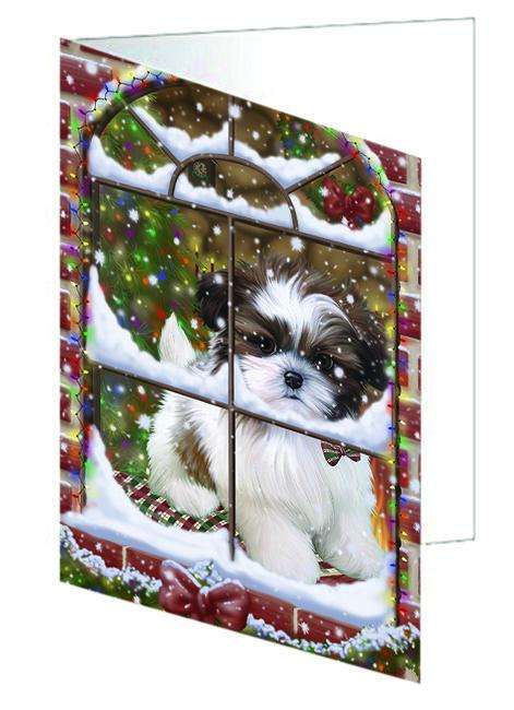 Please Come Home For Christmas Shih Tzu Dog Sitting In Window Handmade Artwork Assorted Pets Greeting Cards and Note Cards with Envelopes for All Occasions and Holiday Seasons GCD65876