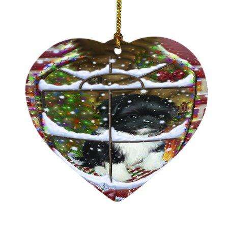 Please Come Home For Christmas Shih Tzu Dog Sitting In Window Heart Ornament D380