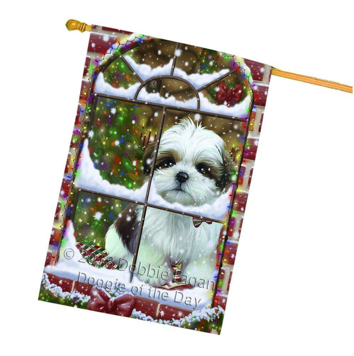 Please Come Home For Christmas Shih Tzu Dog Sitting In Window House Flag FLG54146