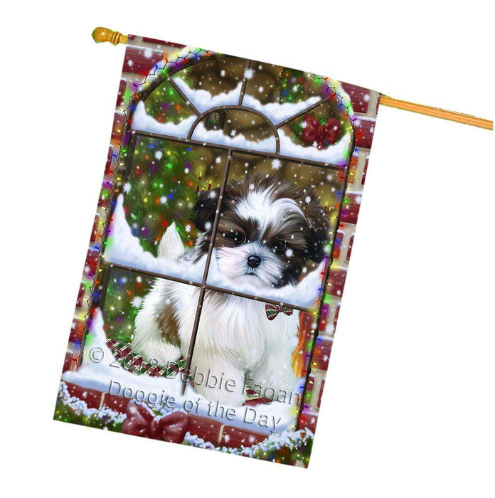 Please Come Home For Christmas Shih Tzu Dog Sitting In Window House Flag FLG54147