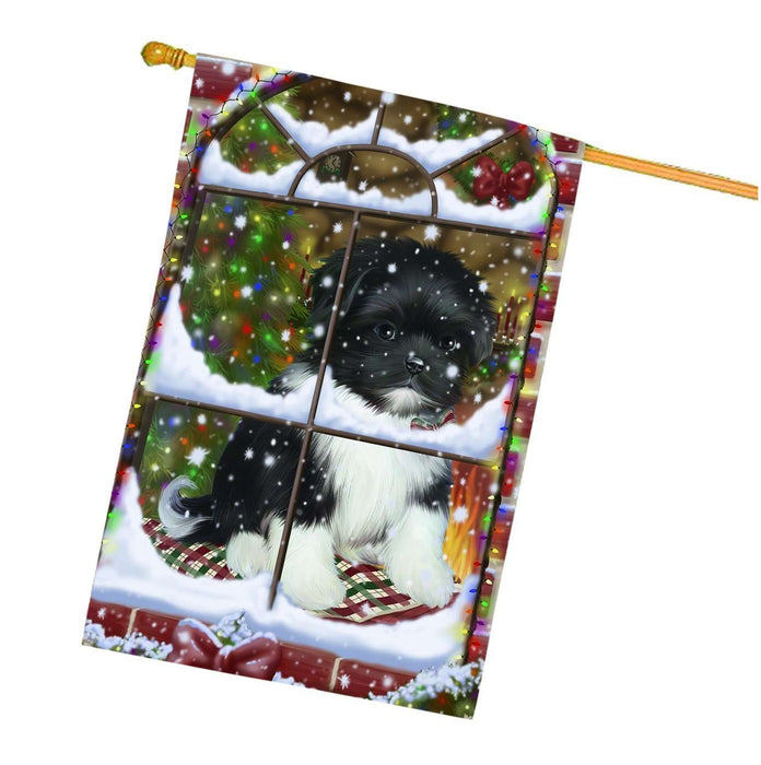 Please Come Home For Christmas Shih Tzu Dog Sitting In Window House Flag