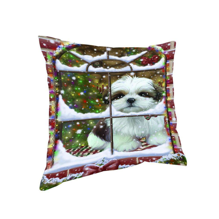 Please Come Home For Christmas Shih Tzu Dog Sitting In Window Pillow PIL72416
