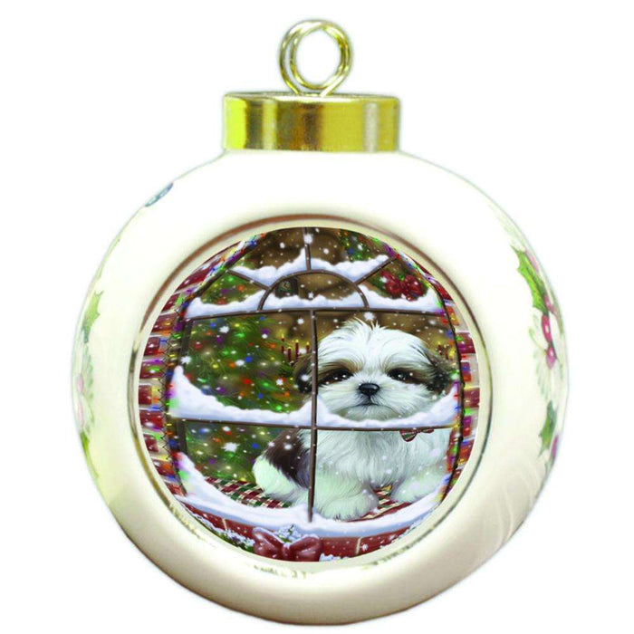 Please Come Home For Christmas Shih Tzu Dog Sitting In Window Round Ball Christmas Ornament RBPOR53948