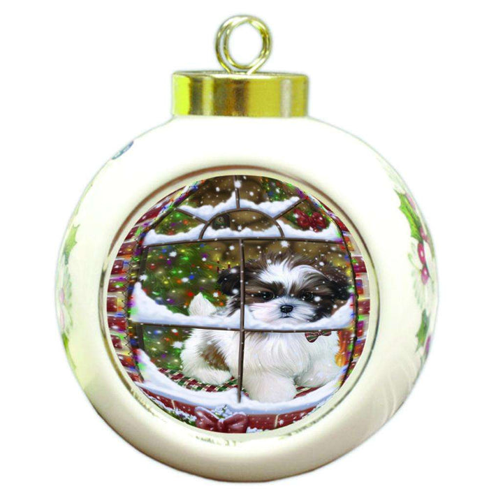 Please Come Home For Christmas Shih Tzu Dog Sitting In Window Round Ball Christmas Ornament RBPOR53949