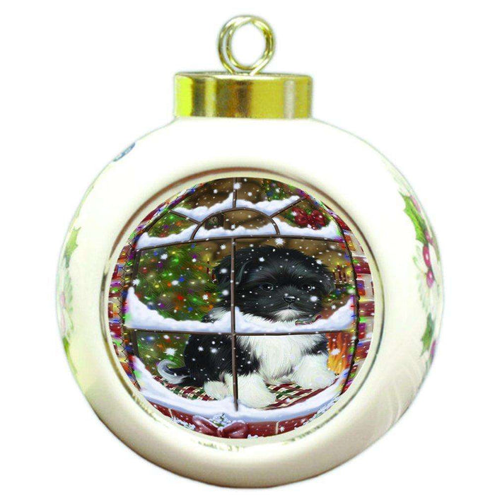 Please Come Home For Christmas Shih Tzu Dog Sitting In Window Round Ball Ornament D408