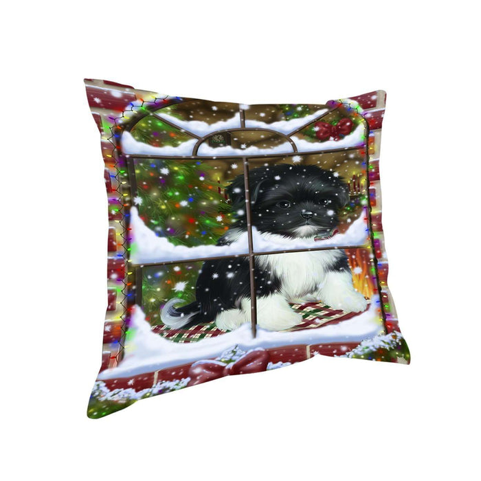 Please Come Home For Christmas Shih Tzu Dog Sitting In Window Throw Pillow