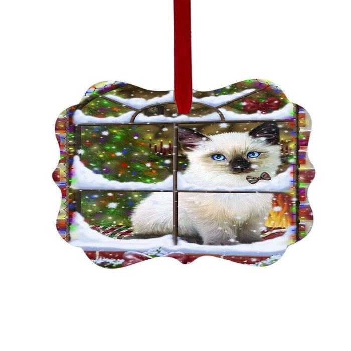 Please Come Home For Christmas Siamese Cat Sitting In Window Double-Sided Photo Benelux Christmas Ornament LOR49209