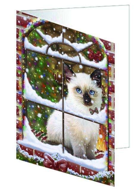 Please Come Home For Christmas Siamese Cat Sitting In Window Handmade Artwork Assorted Pets Greeting Cards and Note Cards with Envelopes for All Occasions and Holiday Seasons GCD64964