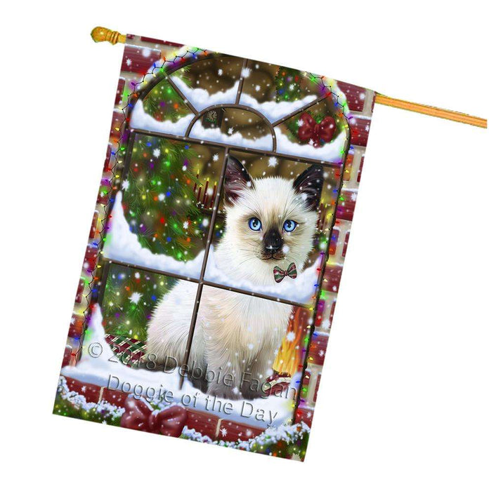 Please Come Home For Christmas Siamese Cat Sitting In Window House Flag FLG53843