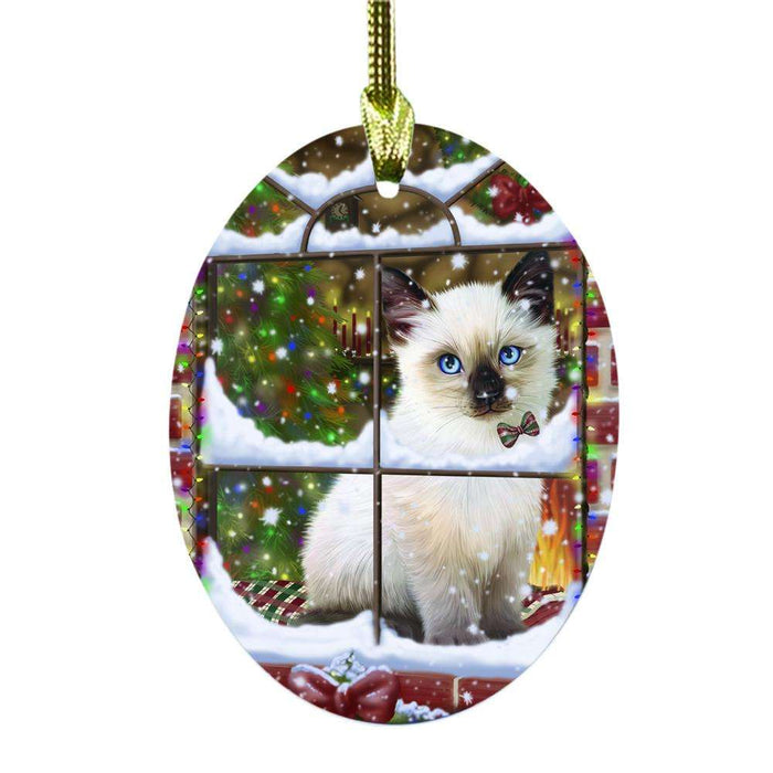 Please Come Home For Christmas Siamese Cat Sitting In Window Oval Glass Christmas Ornament OGOR49209