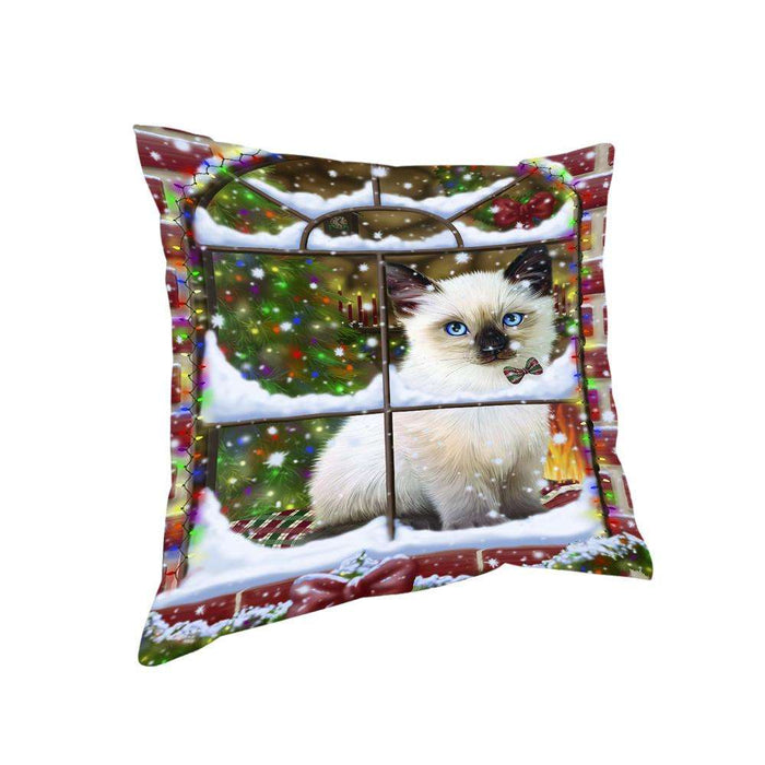Please Come Home For Christmas Siamese Cat Sitting In Window Pillow PIL71204